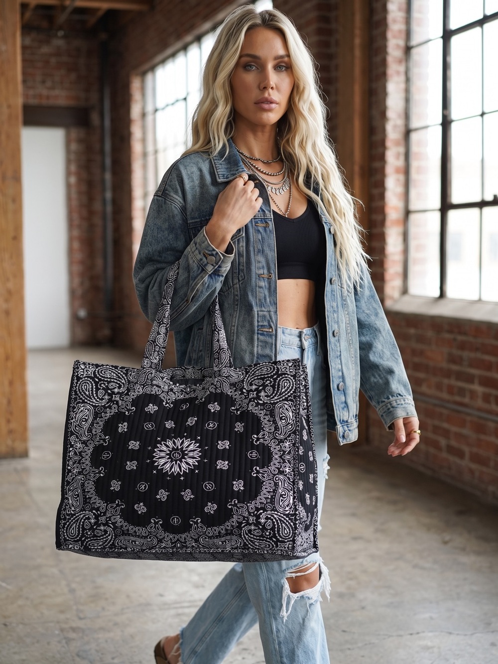 NWT Panache Black Boho Bandana Paisley Floral Print Quilted Large Tote Weekender